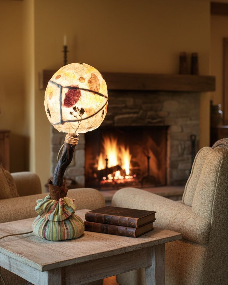 Lámpara de sobremesa con pantalla artesanal junto a una chimenea encendida.